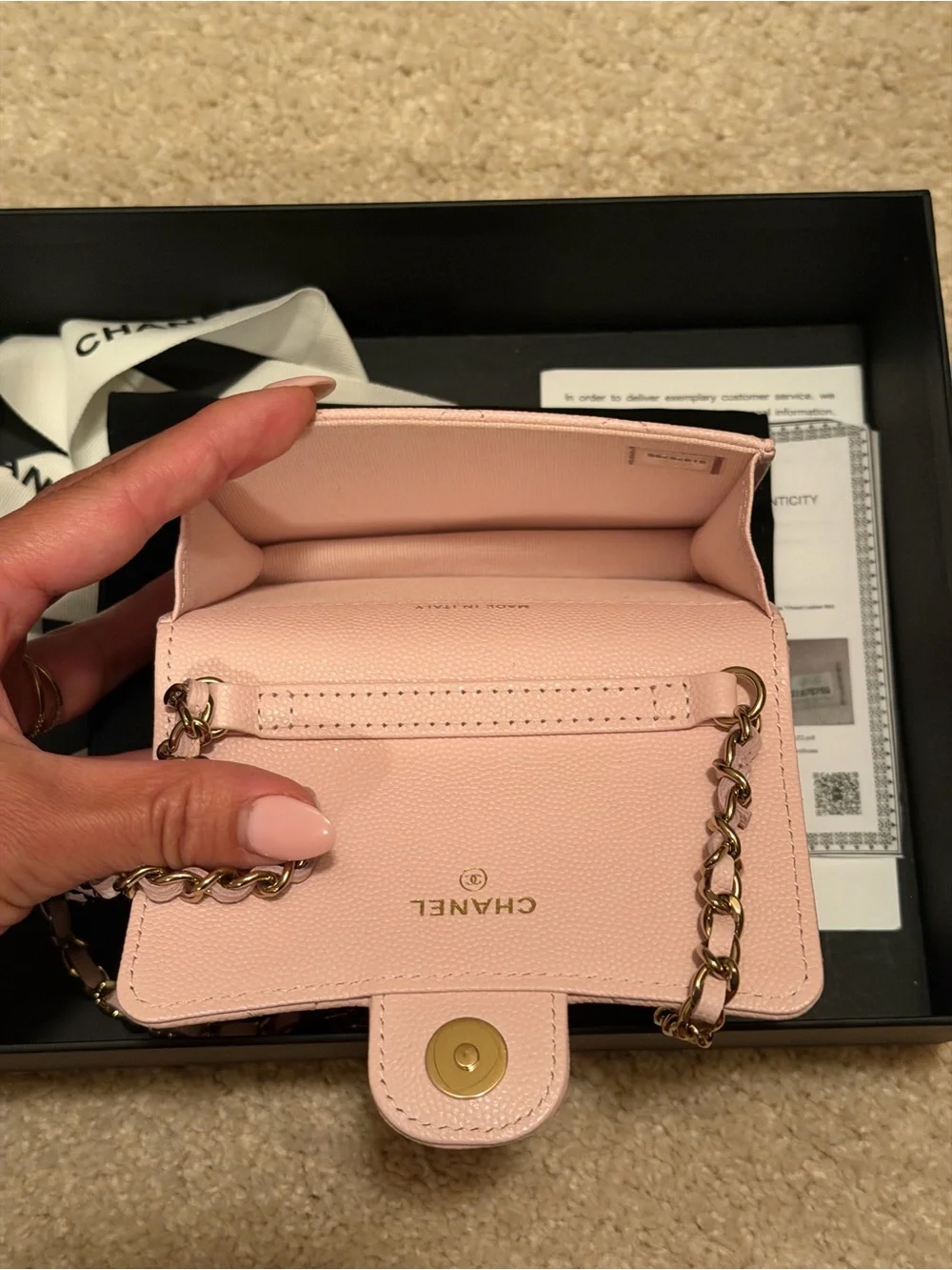 Chanel almost new Giftable pink caviar leather mini micro crossbody bag purse